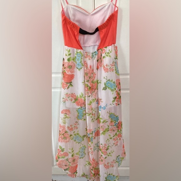 ⭐️ Summer Coral/White Floral Strapless Sheer Sweetheart Flowing Dress - Picture 9 of 14